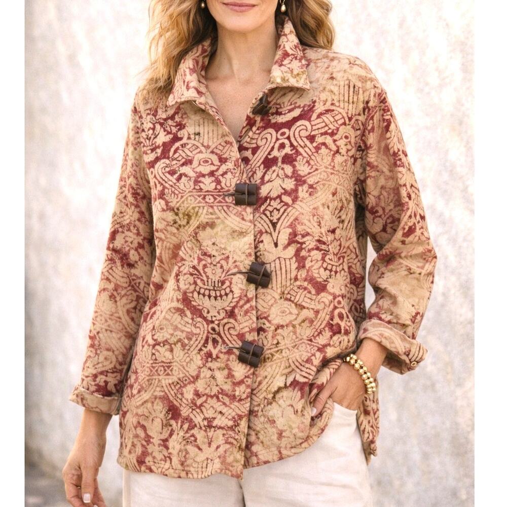 Painted Pony Linen Topper Jacket Small Batik Print Boxy Big Button Boho Artsy